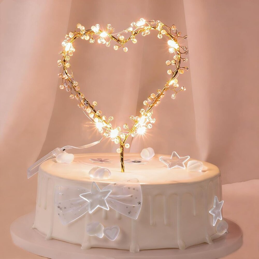 Valentine's Day Tree Topper Love Heart Pearl Cake Toppers with LED Light for Val